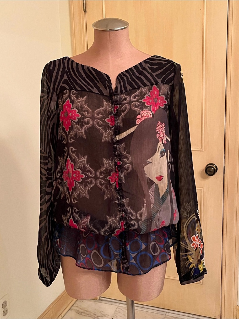 DESIGUAL Artsy Geisha/Floral/Zebra Print Ruffle Hem Button Up Hippie Tunic SZ 6